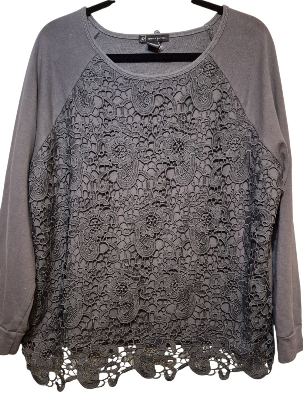 Adrianna Papell Gray Lace Front Pullover Sweatshirt